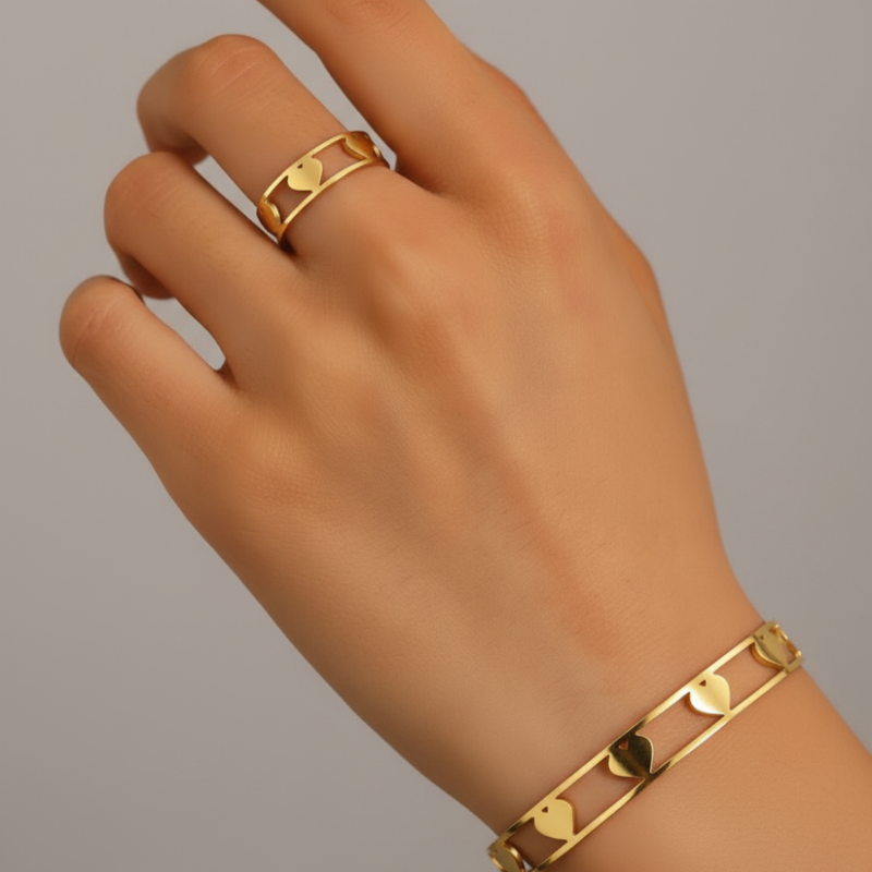 Ensemble bracelet cœur et bague en acier inoxydable